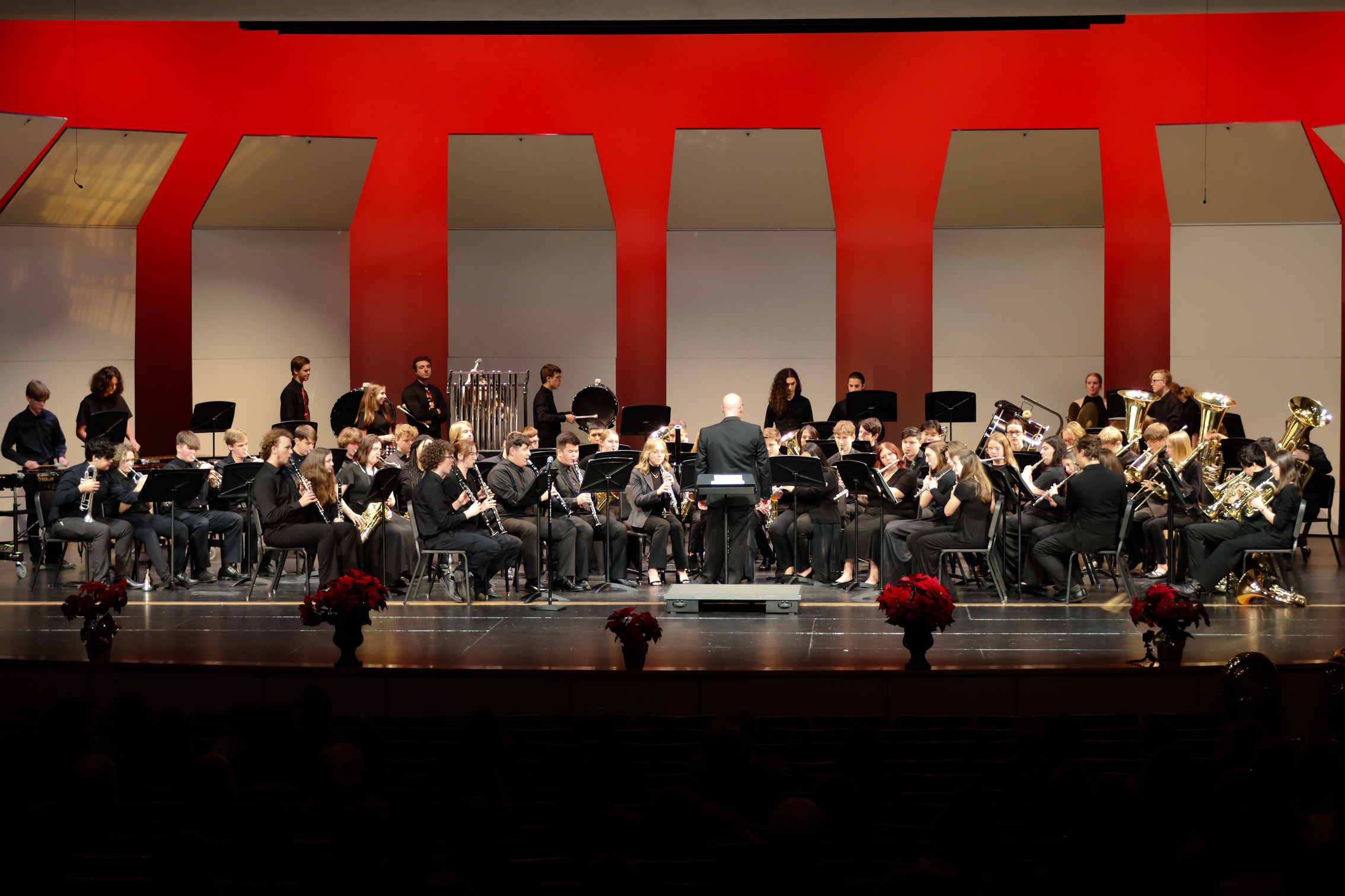 Shawnee Mission West Marching Band on stage at the 2022 Winter Band Concert