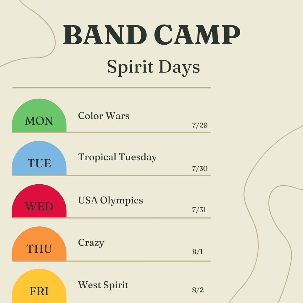 Monday - Color Wars
    Flutes - Pink
    Clarinets - White
    Saxes - Yellow
    Trumpets/Mellophones - Purple
    Low Brass - Red
    Percussion - Light Blue
    Dance Team/Guard - Dark Blue 
Tuesday - Tropical (Hawaiian /Tourist)
Wednesday - USA/Olympic/Patriotic 
Thursday - Crazy (Hat, hair, tennis shoes)
Friday - Band T-shirt (Performance at SM Northwest in the morning)